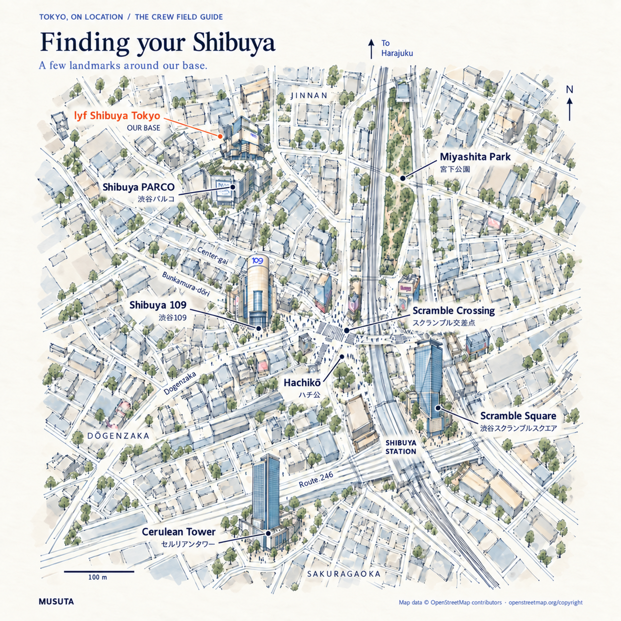 Illustrated overview of Shibuya showing lyf, PARCO, Miyashita Park, Shibuya 109, Scramble Crossing, Hachiko, Shibuya Station, Scramble Square and Cerulean Tower.