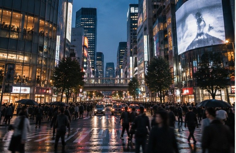 Illustrative view of a Shibuya crossing at dusk